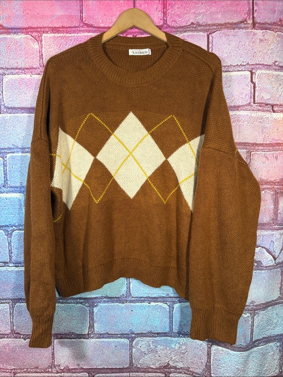 Fashion Sweaters - Vintage Argyle Sweater Women’s XXL Brown Crewneck Knit Pullover Grandpa Core
